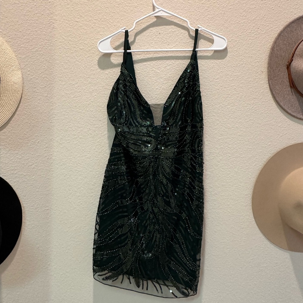 Minuet green sequin and lace mini dress
